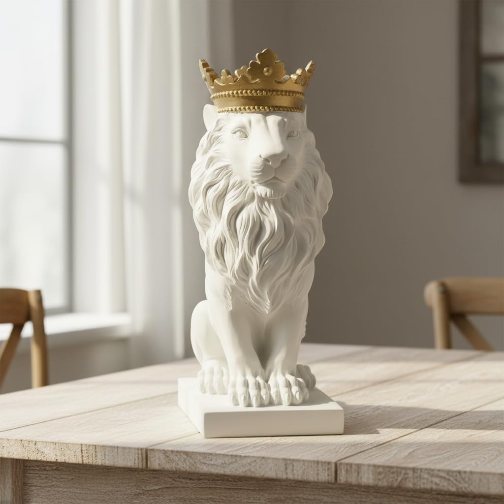 Comfy Hour 16" Large Lion Statue with Gold Crown, Decorative White Feline Figurine for Home Office Shelf, Regal Wildlife Art Sculpture, Polyresin Desktop Accent, 1 Unit