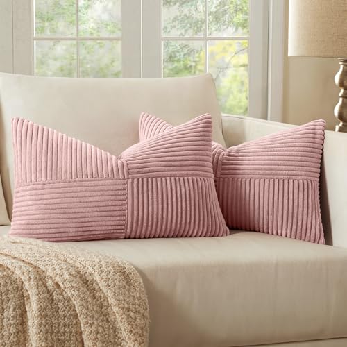 Image of MIULEE Pink Decorative Lumbar Throw Pillow Covers 12x20 Inch for Couch Bed Sofa Pack of 2 Boho Farmhouse Throw Pillows Soft Cross Corduroy Patchwork Textured Cushion Cases