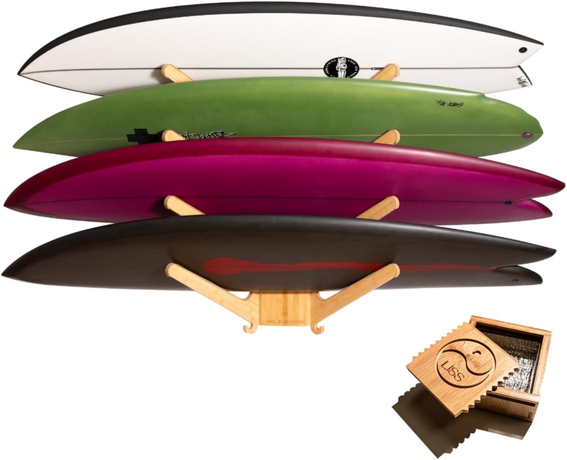 LISS The Sun Rack, Vertical Surfboard Wall Mount for 4-Boards, Surf Rack Display Holder and Insulated Surf Wax Box Holder