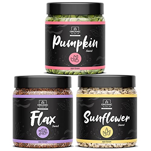Image of Organic Box Natural and Premium Raw Pumpkin, Sunflower, Flax Seeds - 250gm each | Raw Edible Seeds Combo [Jar Pack] - Diwali Gift Pack