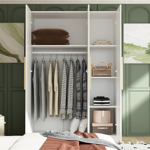AIEGLE 3 Doors Wardrobe Armoire Closet, Large Freestanding Armoire Wardrobe Cabinet with Shelves & 2 Hanging Rod, Bedroom Wood Clothes Storage Cabinet Organizer, White (47.2" W x 19.7" D x 70" H) - Thumbnail 3