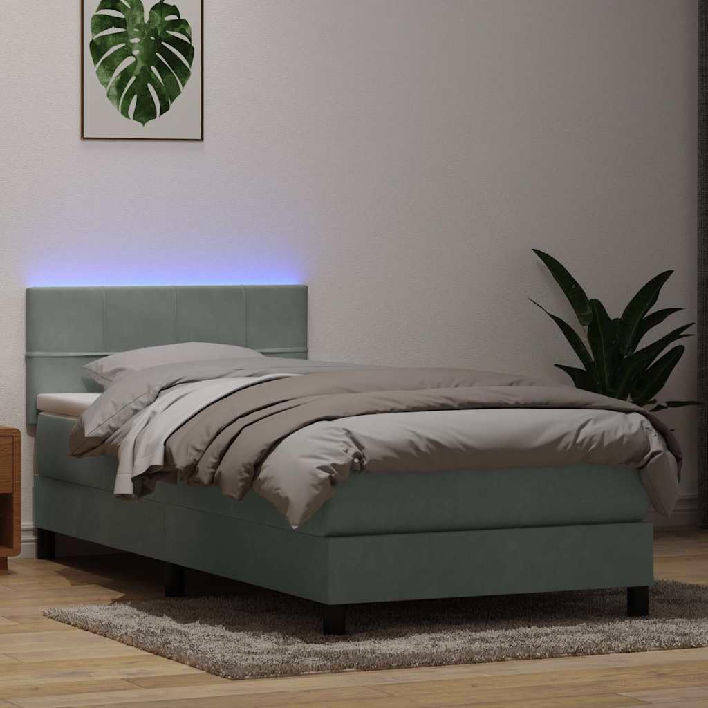 Aksamitny z materacem sprężynowym LED 90x220 cm szary | Łóżko kontynentalne 90x220 cm z materacem sprężynowym, topperem i oświetleniem LED, aksamitne, jasnoszare, z regulowanym