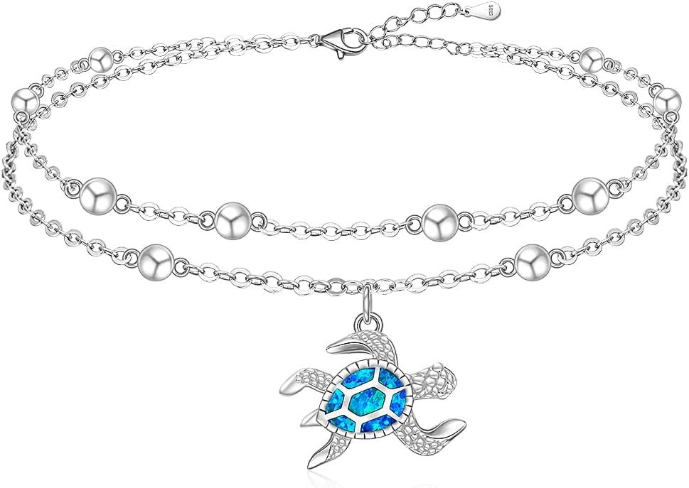 Sea Turtle Anklet Opal Turtle Anklets Ankle Bracelets for Women 925 Sterling Sliver Jewelry Pendant Beaded Multi Layers Adjustable Sea Shell Beach Foot Marine Animal Birthday Hawaii