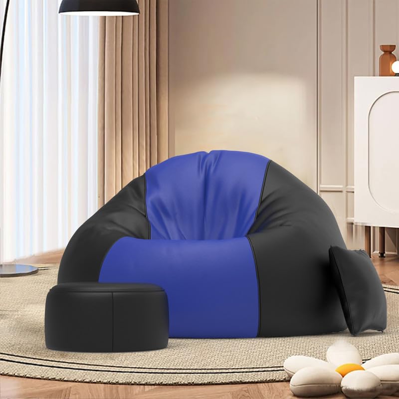 Image of Biggie Bean Bag Chair 6XL with Beans Filled-Duo Pop Sofa-Two Tone One Vibe-Crafted for Comfort-Styled for Elegance with Free Cushion & Footrest (Matching Color : Sofa, Azure Blue Black)