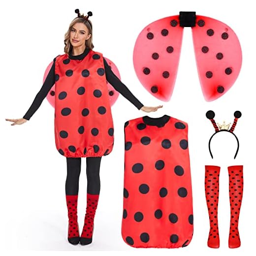 FORMIZON Disfraz de Mariquita para Adultos, Disfraz de Mariquita de Abeja con Diadema y Alas para Mujer, Vestido para Halloween Cosplay (XL, Mariquita)