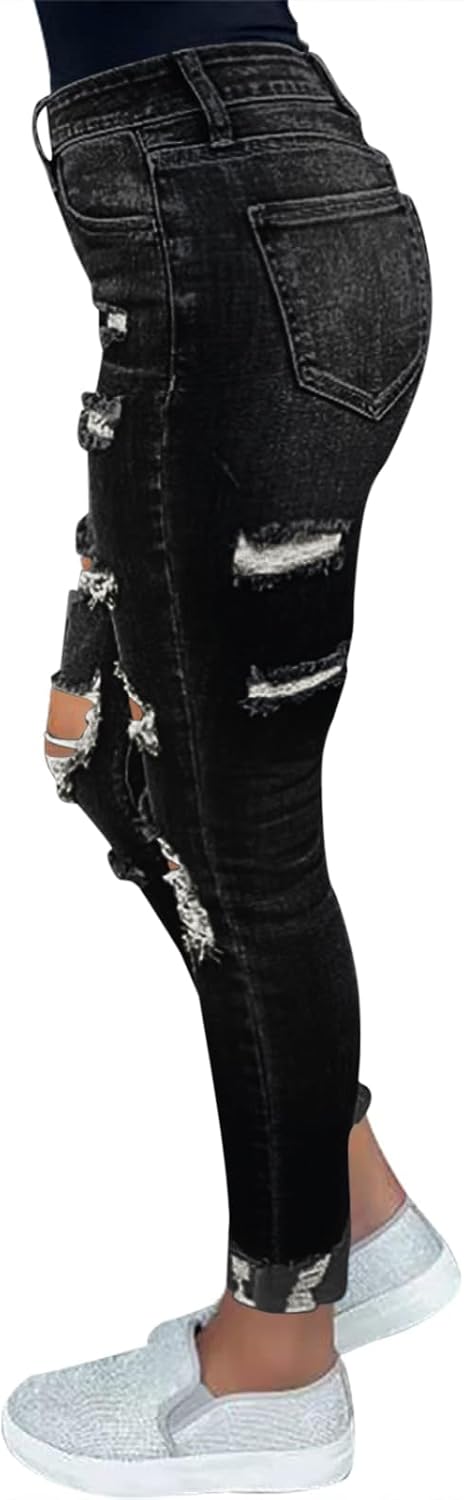 Women's High Waisted Casual Jeans Ripped Vintage Washed Denim with Cuffed Hem - Image 2