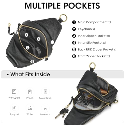 Image of Kattee Small Leather Sling Bag for Women with RFID Blocking,Black | Top grain pebbled leather with RFID blocking, multiple pockets, and a convertible strap for travel.