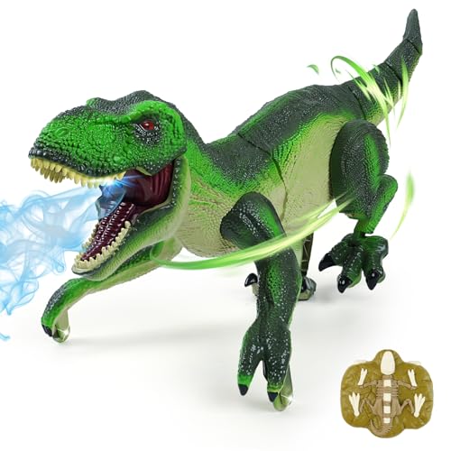 Funbud Remote Control Dinosaur Toy for Kids - Birthday Gifts for Ages 3 4 5 6 7 8 9 10 11 12 Year Old, RC Walking Dino with Roaring Sound & Spray & Light, Interactive Toy for Boys Age 3-12
