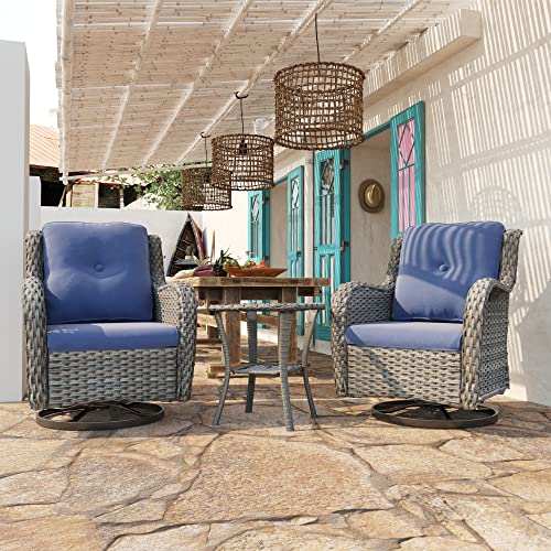 Joyside Outdoor Swivel Rocker Patio Chairs Set Of 2 And Matching Side Table - 3 Piece Wicker Patio Bistro Set With Premium & Soft Fabric Cushions, Dark Blue #TOP1