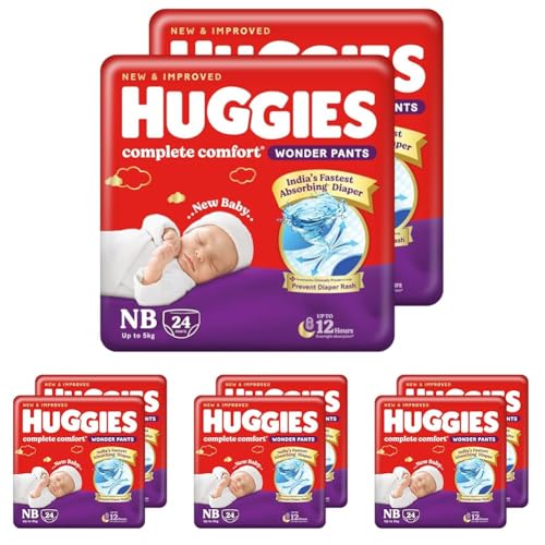 Image of Huggies Complete Comfort Wonder Pants | Pant Style Baby Diapers Newborn Size (NB /XS), 48 Count | India's Fastest Absorbing Diaper, Prevents Diaper Rash, Ideal for 0-5 Kgs (24 Count, Pack of 8)