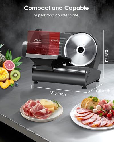 Valley Sportsman Meat Slicer Machine for Home - Electric Deli Meat Slicer with 7.5" Stainless Steel Blade, Adjustable Thickness Food Slicer Cuts Meat, Bread, Cheese, Easy to Clean, Black