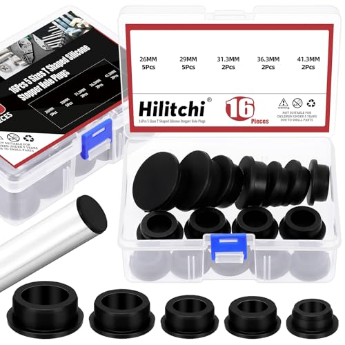 Hilitchi 16Pcs 5Sizes High Temp Silicone Plug Assortment Kit: 26MM, 29MM, 31.3MM, 36.3MM, 41.3MM T-Shaped Rubber Stopper Hole Plugs for Powder Coating, Plating, Waterproof, Sealing (Black)