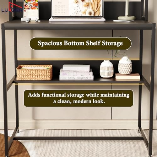 Image of Lukzer Study Table with Open Bookshelf | Engineered Wood with Metal Frame Desk | Modern & Space Saving Computer Workstation with Hutch for Home & Office (MST-010 /Black & Black /143x83x50 cm)