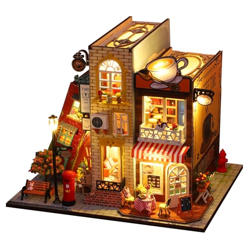 Hallisun ドールハウス ミニチュア 手作り ミニチュアハウス キット 初心者 DIY 組立 建物 木製 ジオラマ模型 カフェ本屋ショップ 二階建て ホビー 3Dパズル おもちゃ | 引っ越し祝い インテリア飾り 装飾 誕生日 クリスマス プレゼント | LEDライト +音楽オルゴール＋わかり易い組立説明書+防塵カバー付属