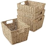 Casafield Set of 4 Seagrass Storage Baskets with Handles - Natural, Woven Rectangular Storage Bins for Shelves, Blankets, Laundry Organization