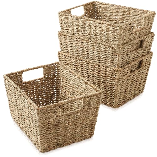 Casafield Set of 4 Seagrass Hyacinth Storage Baskets with Handles - Natural, Woven...