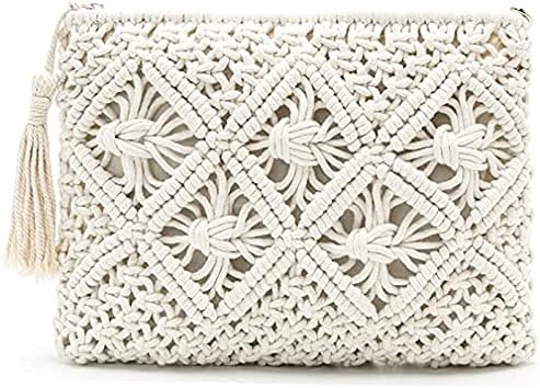 Magibag Crochet Tassel Handbag Straw Envelope Clutch Bag Cotton Macrame Purse Hobo Hand-Woven Beach Wristlet Bag with Zipper (01-White)