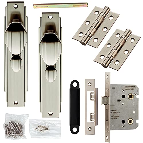 Door Knob & Bathroom Lock Pack -Satin Nickel Art Deco Detail Premium Backplate | Complete Matching Set for 1x Interior Door - Handle, Hinges & Thumb Turn Bathroom Lock & Latch | Privacy WC Toilet
