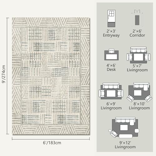 Image of Area Rug 6x9 Abstract Geometric Textured Brushstroke - Neutral Gray & Light Blue Modern Minimalist Area Rug, Decorative Carpet for Living Room Bedroom Home Decor