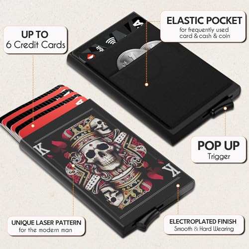MOSIYEEF Metal Pop Up Stealth Wallet for Men - Engraved Skull King Pattern - Slim Card Holder with Elastic Pocket for Airtag Cash Coins & Credit Cards - RFID Minimalist Cool Wallets for Men Gifts4