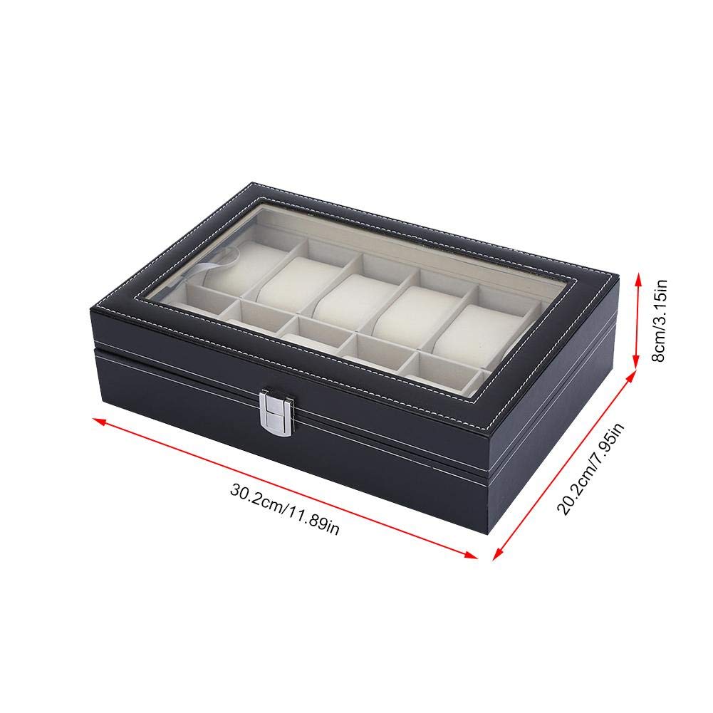 Caja para relojes con tapa, estuche para 12 relojes, estuche para relojes de piel sintética para hombre – negro, 30,2 x 12,2 x 8 cm