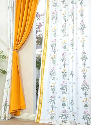 Image of Tranquebar Curtain Co. Window Curtains 5 Feet, 60-65% Room Darkening, Yellow Floral Print, Cotton Curtains for Window, Cotton Curtains 5 Feet Set of 3, BackTabs, Latha Yellow Combo(152 cm) - Set of 3