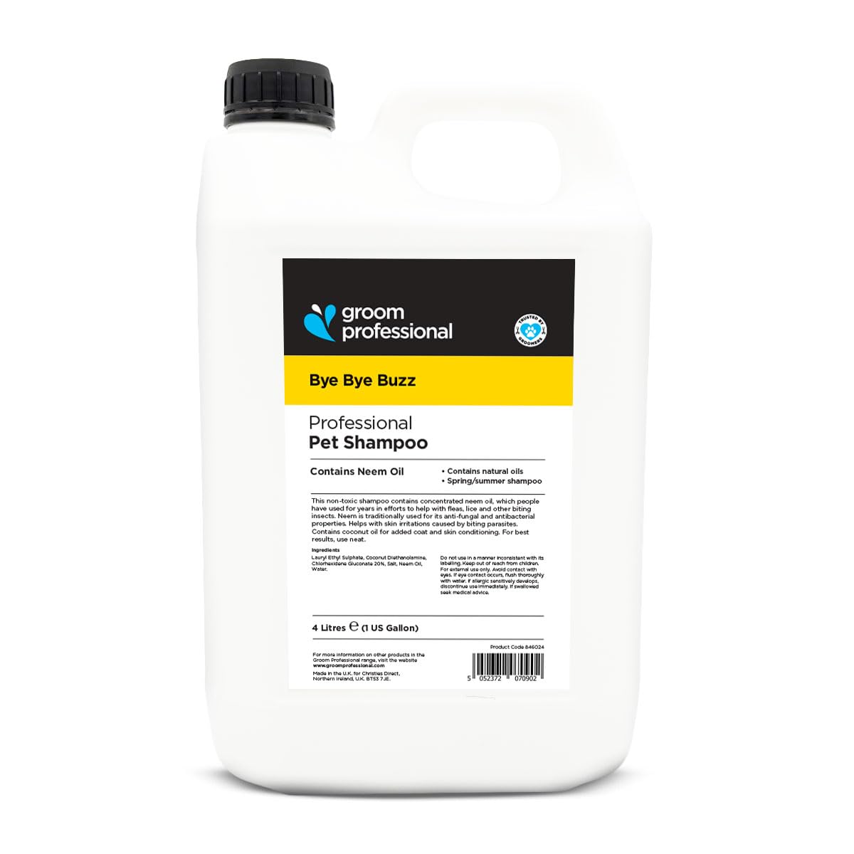 GROOM PROFESSIONAL Bye Bye Buzz Dog Shampoo Contains Neem Oil for Soothing Irritated, Itchy Skin - Coconut Oil for Coat Conditioning - Deep Cleansing, 4L