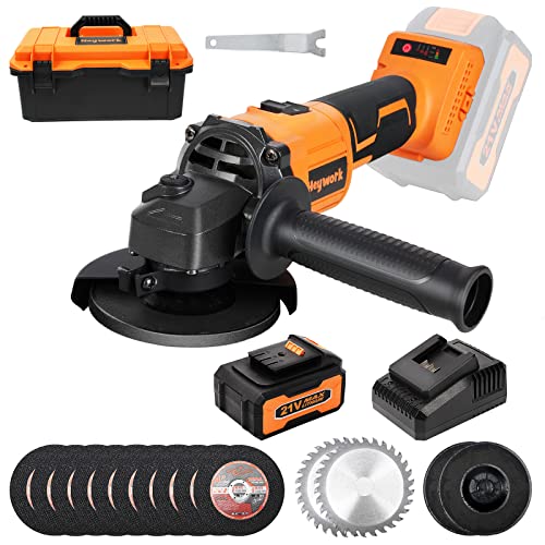Heywork 21V Cordless Grinder Kit,4' Blade,10000 RPM Brushless Motor Cordless Angle Grinder,4Ah Lithium Ion Battery Grinder & Quick- Charger,2-Position Handle,Cutting and Grinding Wheels