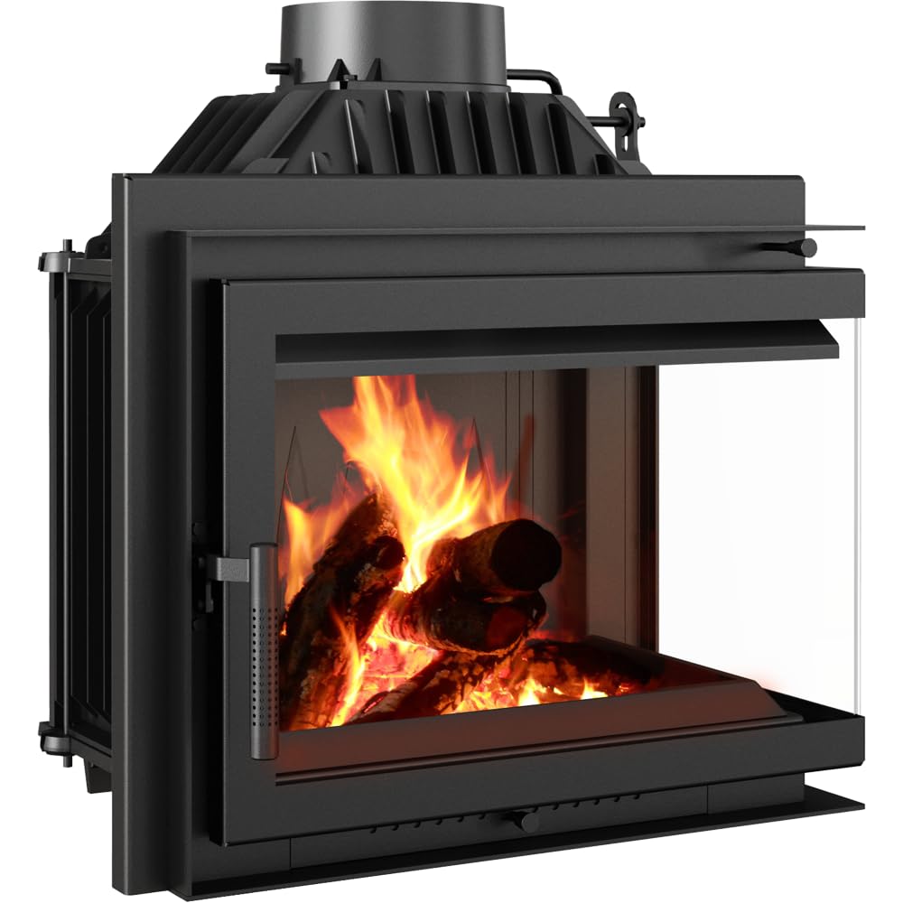 KRATKI Camino in ghisa, stufa ad angolo, 8 kW, Ø 200 cm, porta a chiusura automatica, sistema Clean Glass, vetro del focolare, presa d'aria