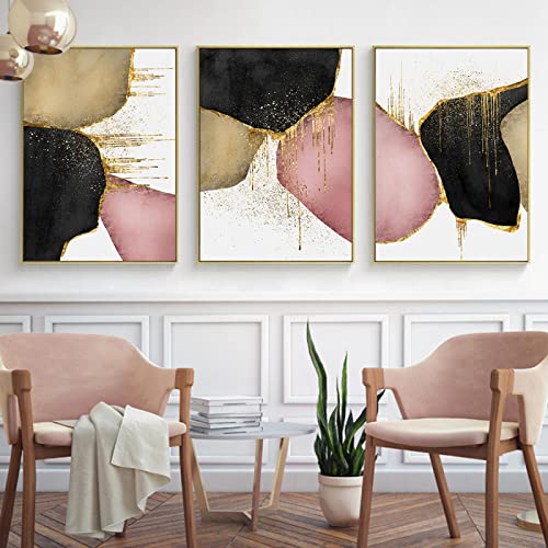 Peinture géométrie abstraite rose et dorée pour décoration murale salon