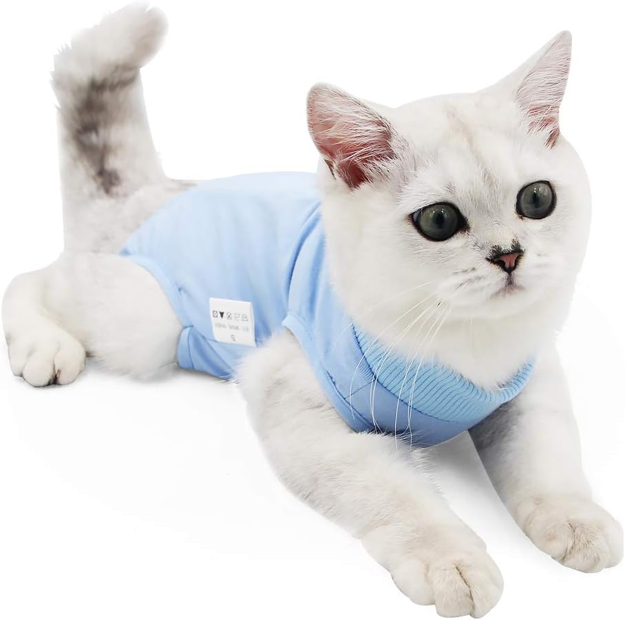 Cat Recovery Suit for Male and Female Surgical Post Surgery Soft Cone Onesie Shirt Clothes Neuter Licking Protective Diapers Outfit Cover Kitten Spay Collar(M, Blue)