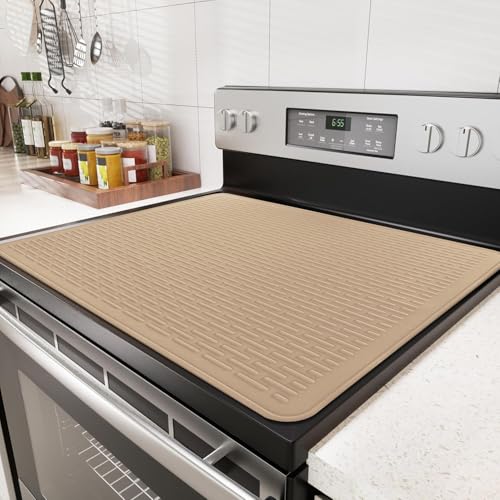 Image of Stove Top Cover for Electric Stove - Food Grade Ceramic Stove top Cover, Silicone XXL Dish Drying Mat, Glass Cooktop Covers, Flat RV Range top Mats (Taupe,30x21)
