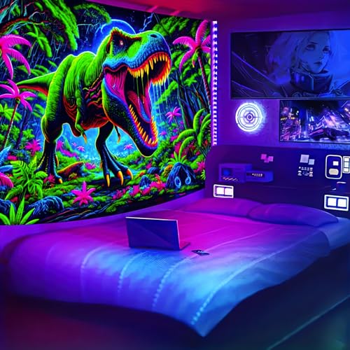 Image of BlissYard UV Reactive Dinosaur Blacklight Tapestry Neon T-Rex Dinosaur Wall Tapestry Jungle Forest Fantasy Landscape Wall Hanging for Men Boys Bedroom Home Decor Party Backdrop 59 X 78 inch