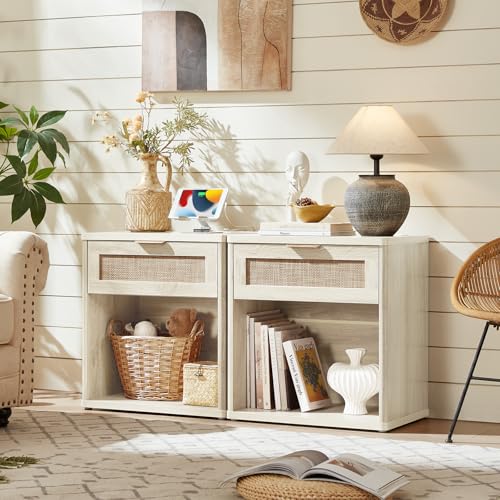 Image of LEYAOYAO Rattan Nightstand with Charging Station, Grey White Night Stand with Drawer, 23 inch Wide Boho Bedside Table with Storage Shelf, Bed Side End Tables for Bedroom, Living Room, Hallway
