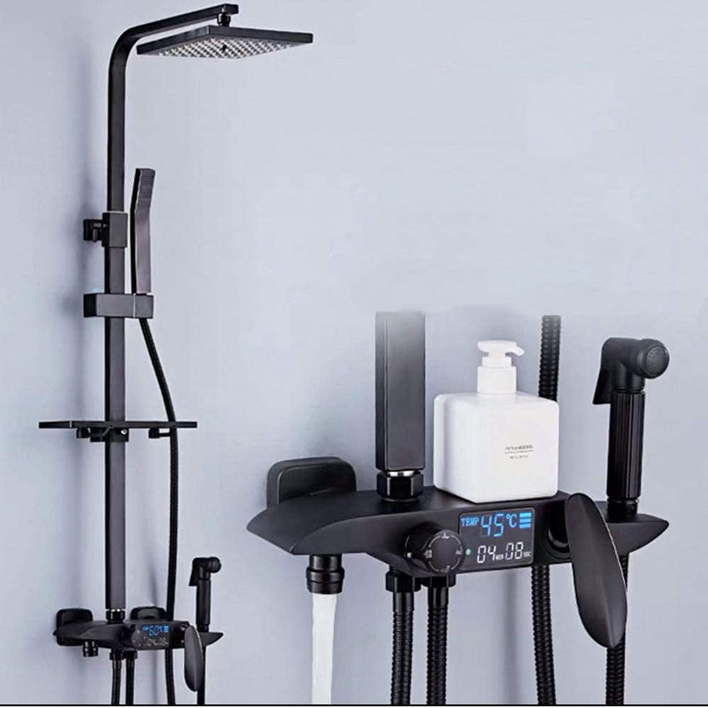 QUSYZD Shower Kits with Overhead Shower, Square Rain Shower Shower Head with Sprayer Water Power Led Screen Display Shower Mixer Set Wall Mounted Shower System-Black,White,Black