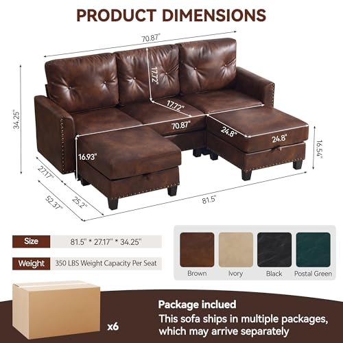 Image of 71 inch Faux Leather Modular Sectional 3 Seater Couch with 2 Storage Ottomans, Vintage PU Leather U Shaped Sofa with Nailhead Trim, Mid Century Modern Tufted Couches for Living Room, Office, Brown