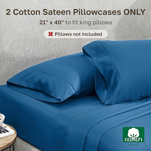 Image of California Design Den King Size Pillow Cases Set of 2-400 Thread Count Sateen, Natural 100% Cotton Pillowcases King, Soft, Roomy and Breathable - Cobalt Blue