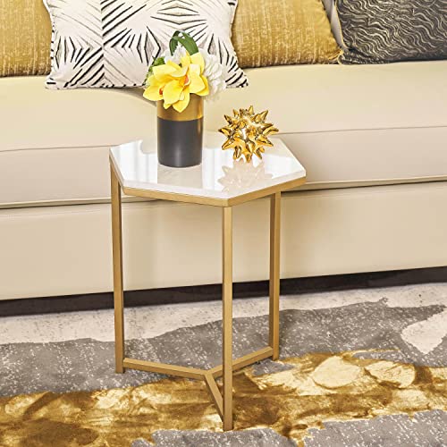 Gold Marble Side End Table With Hexagon Top, Small Coffee Table For Living Room Small Space, Bedroom White Nightstand,16" D X 14" W X 20" H #TOP4