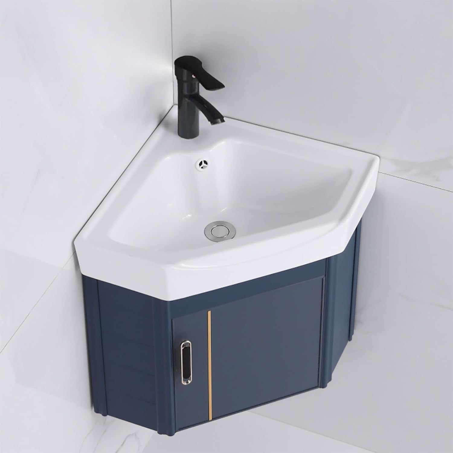 Triangular Corner Wall-Mount Ceramic Bathroom Sink with Storage Container and Faucet