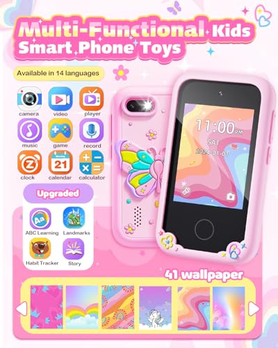 Eltrynic Kids Smart Toy Phone Girls Toy, Toddler Touchscreen Game Phone for 3 4 5 6 7 Year Old Girl Boy, Christmas Birthday Gifts for Children Age 3-7, MP3 Music Player with Dual Camera (Pink)