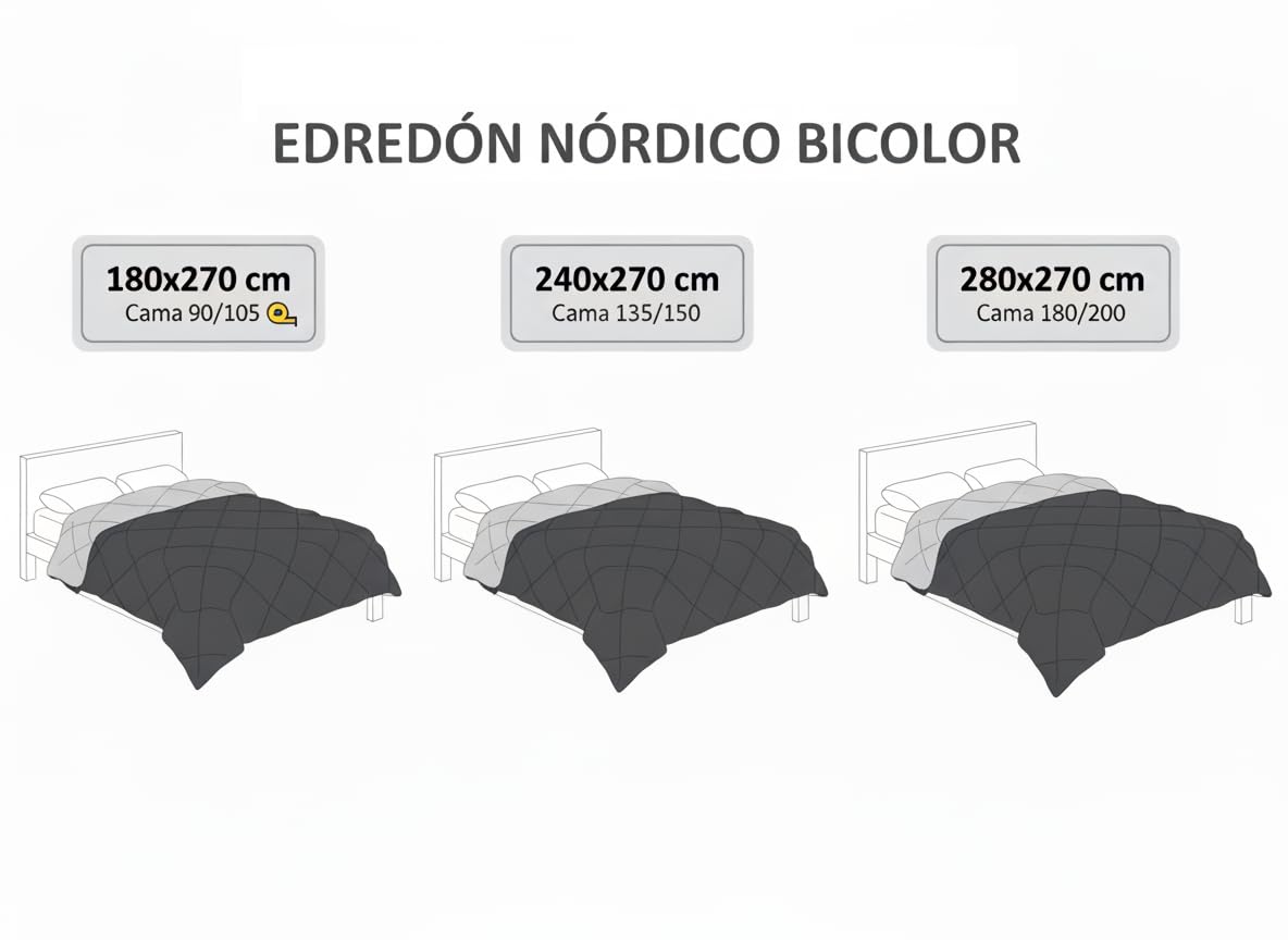 SABANALIA - Edredon Cama 135 y Edredon Cama 150 | 240x270 | Edredón nórdico de 400 g Reversible (Bicolor) | Relleno de Fibra Hueca Virgen Siliconada | Hipoalergénico | Color Gris y Gris Claro