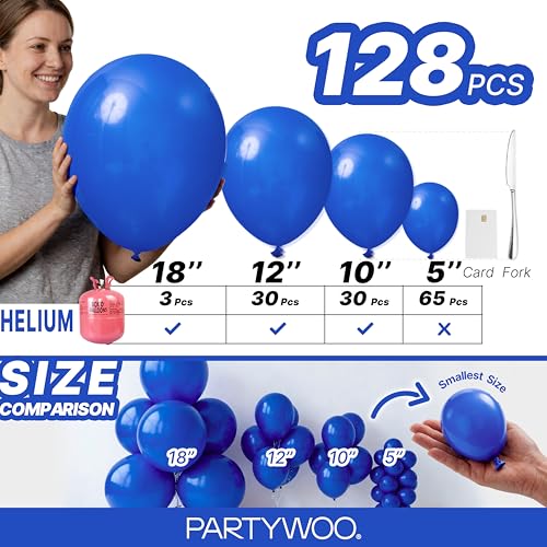 Image of PartyWoo Royal Blue Balloons 128pcs Different Sizes Pack of 18 12 10 5 Inch Dark Blue Balloon Arch Kit for Baby Shower Gender Reveal Graduation Under The Sea Birthday Party Decorations Blue-Y59