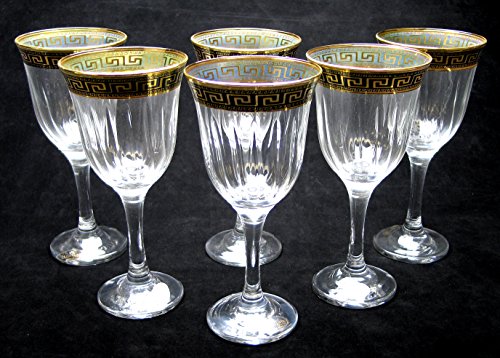 "Cristalleria Italian Decor" Crystal Water Beverage Goblet, 12 Ounce. Gold And Black Greek Key Ornament, Hand Made In Italy, Set Of 6 Glasses #TOP5
