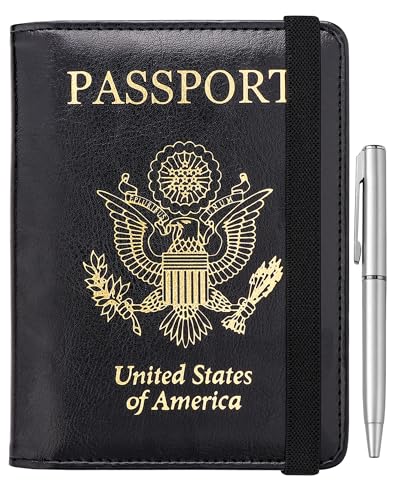 WALNEW Passport Holder for Travel, RFID Passport Cover Wallet for Women Men, PU Leather Passport Book Card Holder Case with Pen, Travelling Essentials for Flying