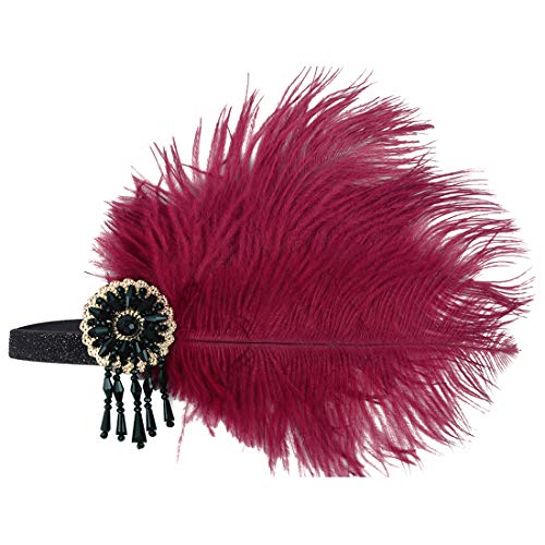 Metme 1920s Flapper Headband Art Deco Vintage Feather Headpiece Roaring 20s Great Gatsby Hair Costume Accessories for Women (Red Feather)