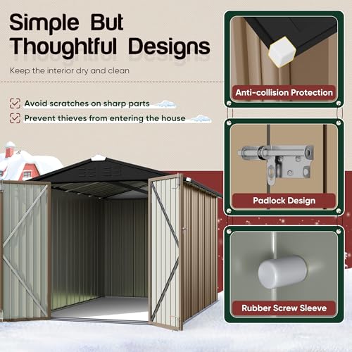 Image of GUNJI 8 x 6 FT Shed Outdoor Storage Shed Metal Garden Shed with Lockable Door Outside Waterproof Tool Shed for Backyard, Patio, Lawn (Brown)