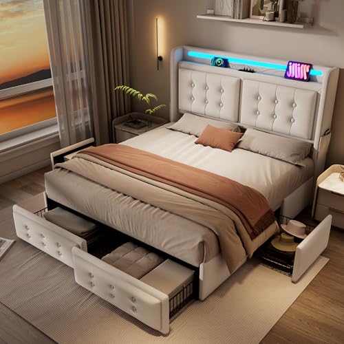 VIEKOS Cama doble tapizada de 140 x 200 cm, beis: cabecero LED con USB-C, 4 cajones, somier de listones de madera, soporta 300 kg (con colchón)