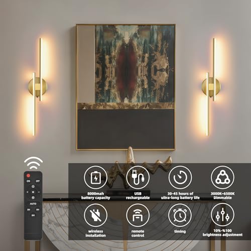 Image of Battery Operated Wall Sconce Set of 2,Gold 23.6 inch 3000K-6500K LED Dimmable Wall Sconces with Remote Control,Wireless Wall Light USB Rechargeable for Bedroom Hallway Living Room Background Wall Lighting