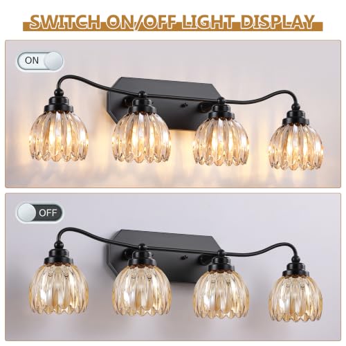 Image of Vintage Vanity Lights, 4‑Light Antique Matte Black Finish | Amber Tulip Crystal Bathroom Light Fixtures, Mid‑Century Style, Bathroom Lighting Over Mirror for Bedroom, Easy to Install