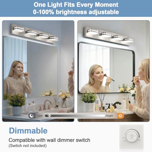 Image of Torondo 360 Rotate LED Bathroom Vanity Light Fixtures, Acrylic Vanity Lights for Bathroom, Modern Wall Lighting Fixtures Over Mirror Living, Brushed Nickel, 100%-0% Natural White, 4-Light, 27-Inch